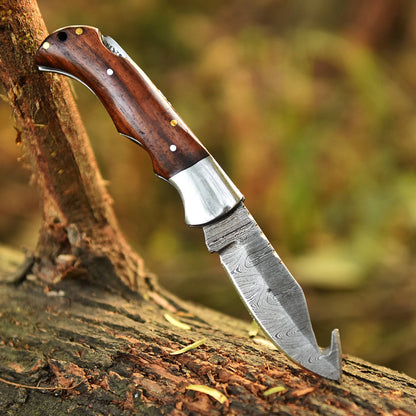 Handmade Damascus Outdoor Camping Folding Gut Hook Blade Pocket Knife