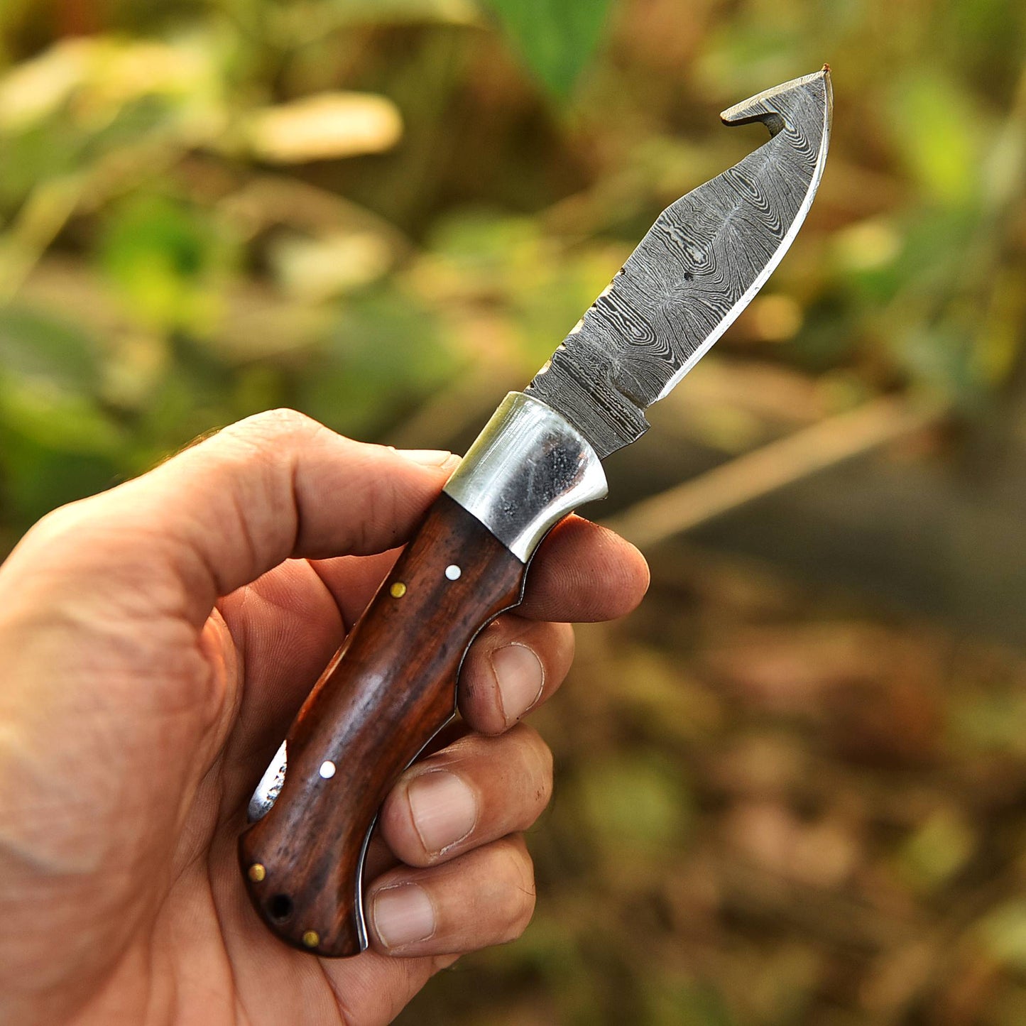 Handmade Damascus Outdoor Camping Folding Gut Hook Blade Pocket Knife
