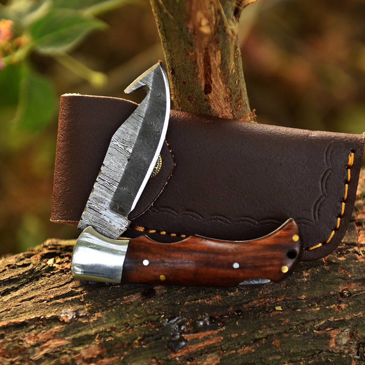 Handmade Damascus Outdoor Camping Folding Gut Hook Blade Pocket Knife