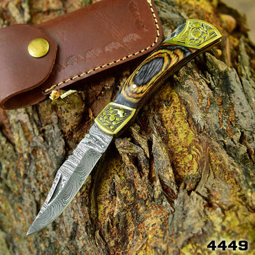 Custom Handmade Damascus steel Folding Blade Pocket Knife Lock Back Engraved Brass Bolster x-155