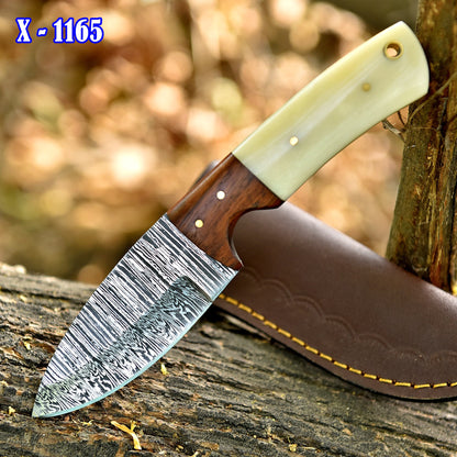 Handmade Damascus Steel Skinning Knife Wood Camel Bone Handle With Sheath