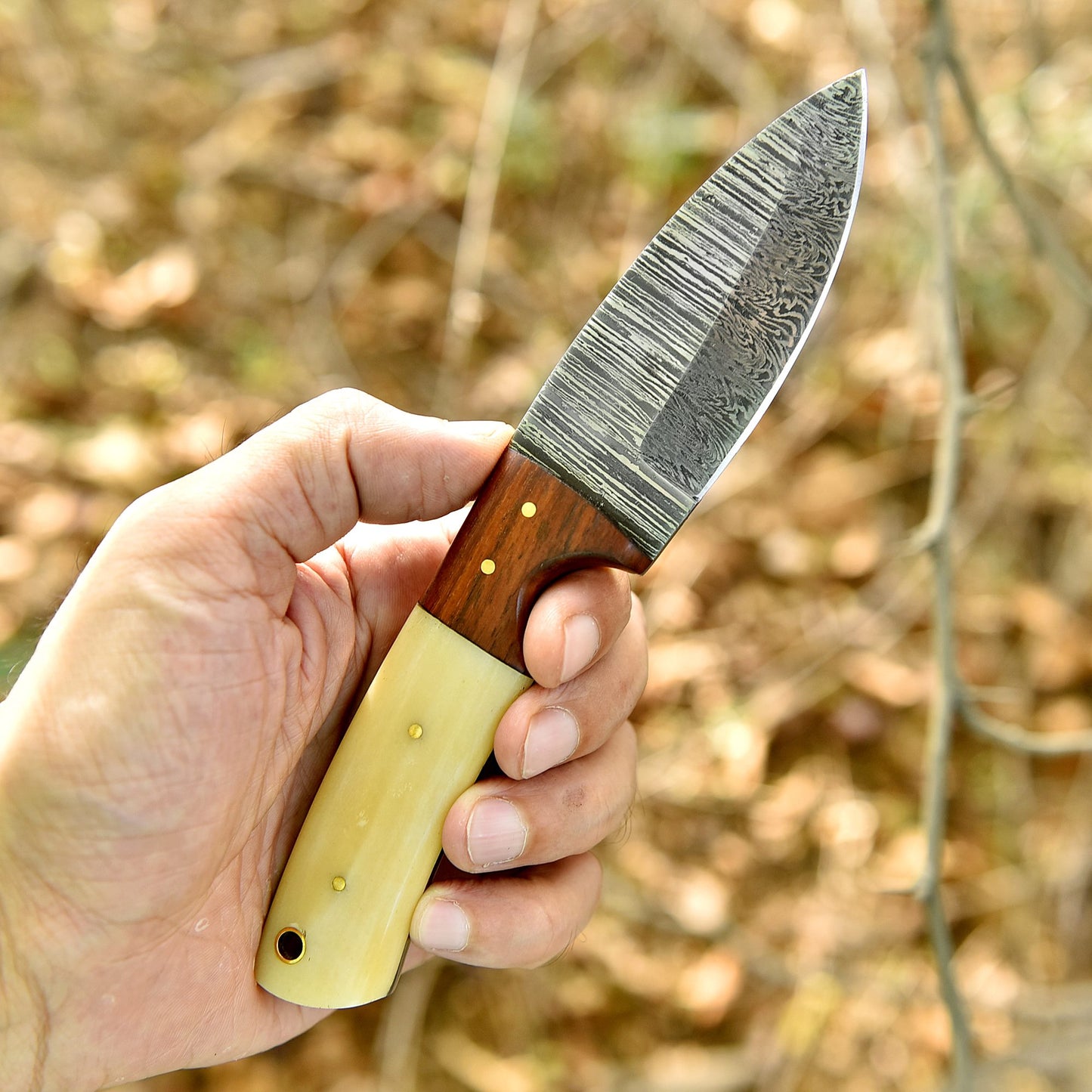 Handmade Damascus Steel Skinning Knife Wood Camel Bone Handle With Sheath