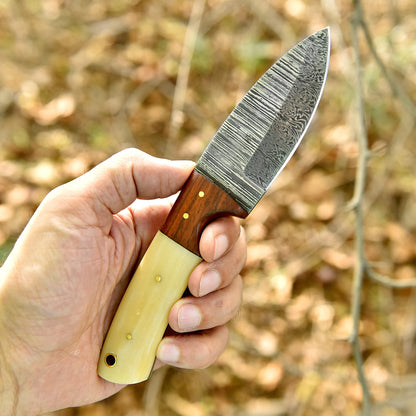 Handmade Damascus Steel Skinning Knife Wood Camel Bone Handle With Sheath