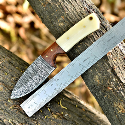 Handmade Damascus Steel Skinning Knife Wood Camel Bone Handle With Sheath