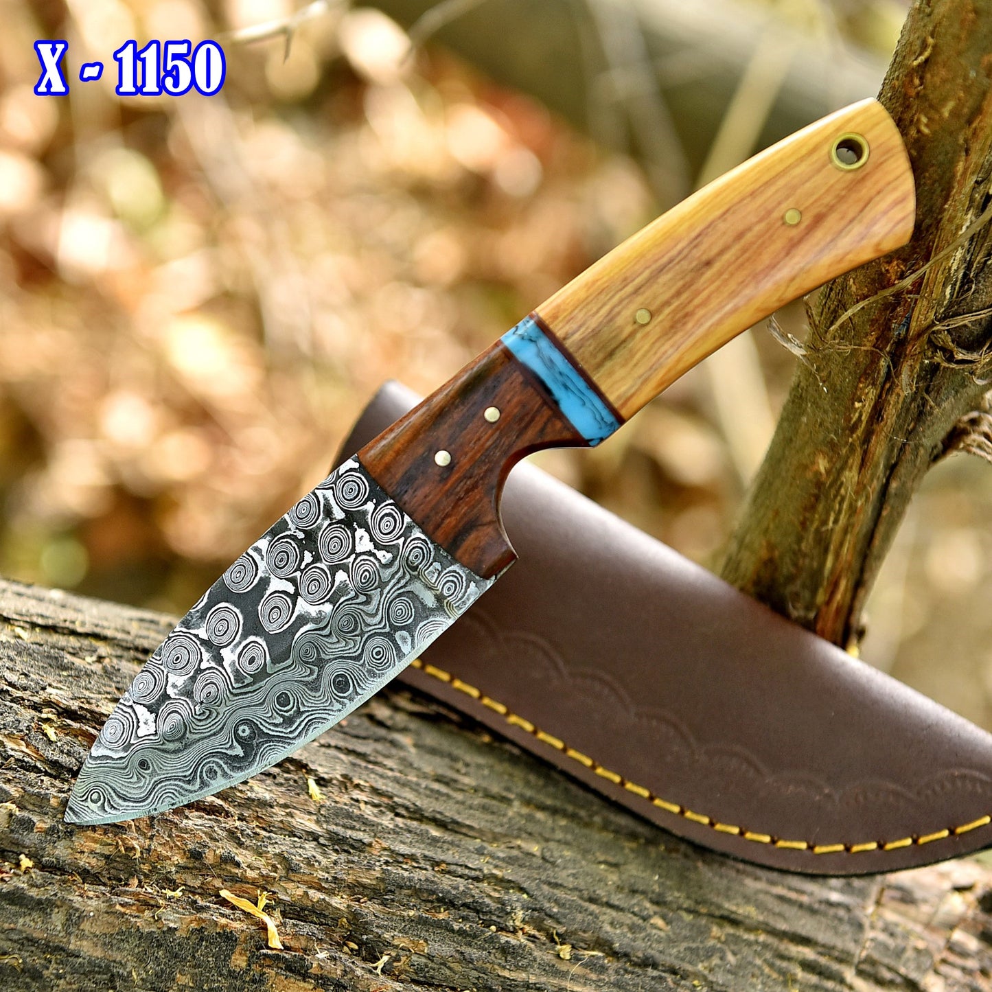 Hand Forged Damascus Steel Skinner Hunting Knife with Leather Sheath