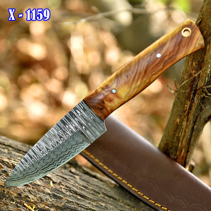 Elite Hunting Damascus Steel Blade Skinner Knife Wood Handle With Sheath