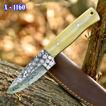 Custom Damascus Steel Skinner Hiking Camping Hunting Knife Camel Bone Handle