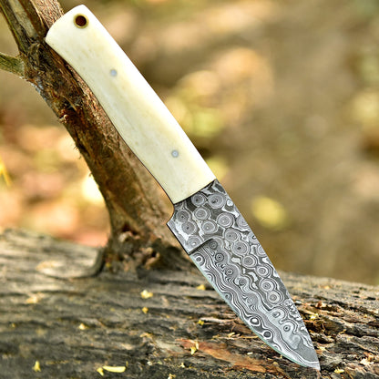 Custom Damascus Steel Skinner Hiking Camping Hunting Knife Camel Bone Handle