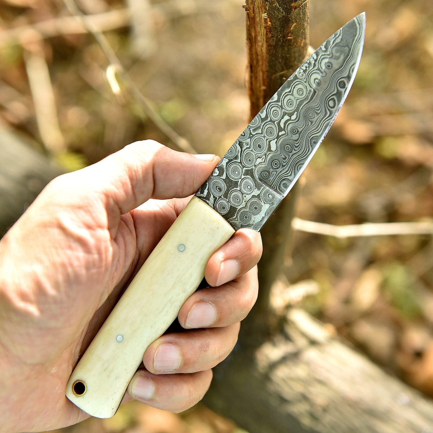 Custom Damascus Steel Skinner Hiking Camping Hunting Knife Camel Bone Handle