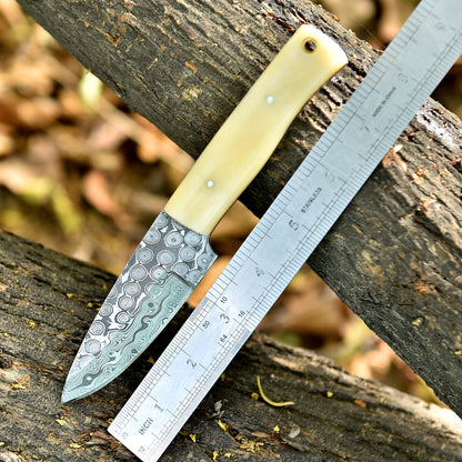 Custom Damascus Steel Skinner Hiking Camping Hunting Knife Camel Bone Handle