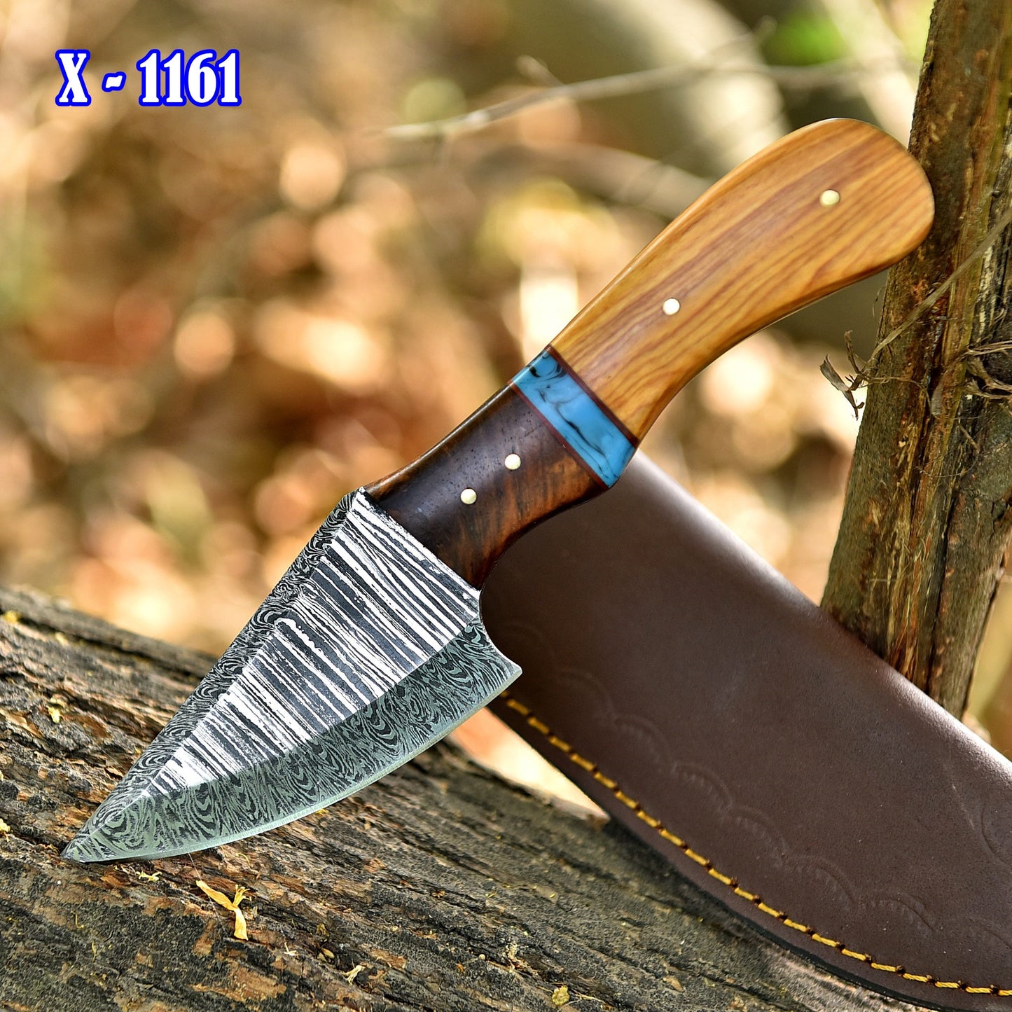 8" Elite Outdoor Damascus Steel Blade Skinner Knife Wood Resin Handle