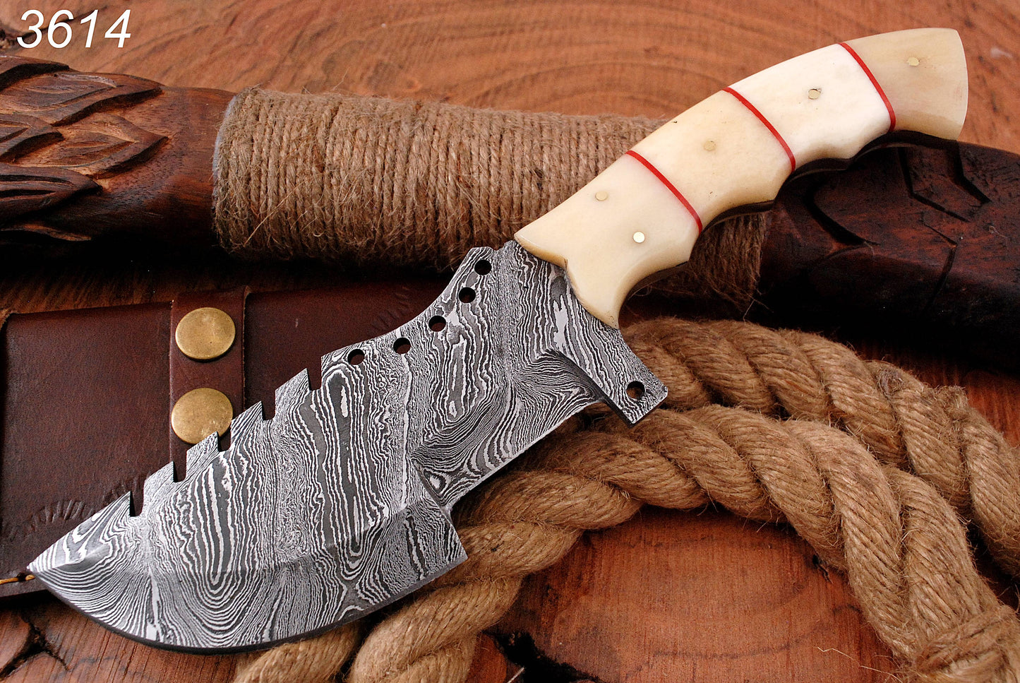 10" Handmade Damascus Survival Knife - Bone Handle with Genuine Leather Sheath x-141