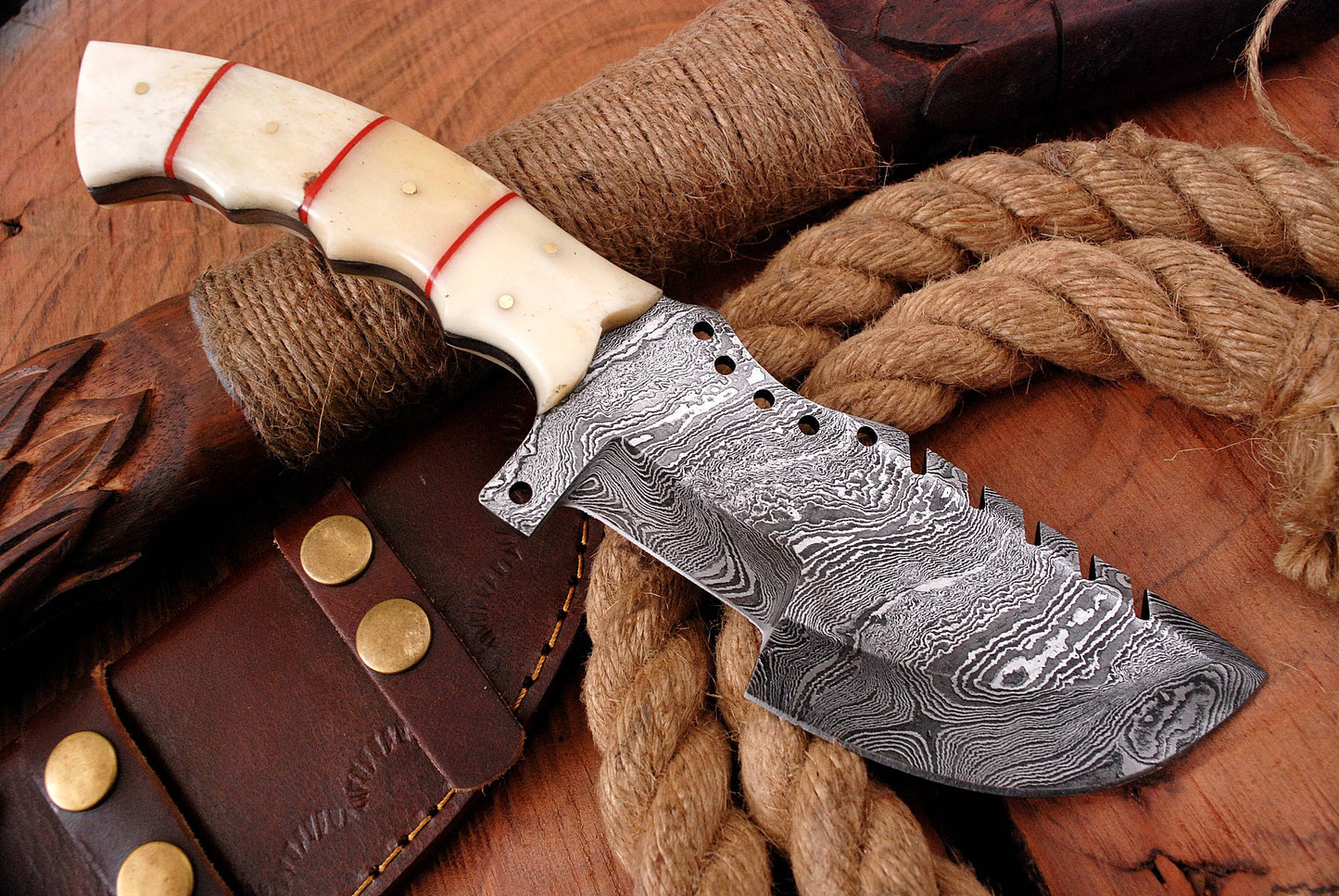 10" Handmade Damascus Survival Knife - Bone Handle with Genuine Leather Sheath x-141