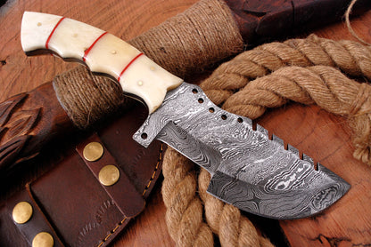 10" Handmade Damascus Survival Knife - Bone Handle with Genuine Leather Sheath x-141