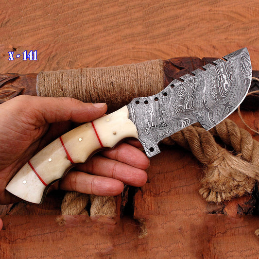 10" Handmade Damascus Survival Knife - Bone Handle with Genuine Leather Sheath x-141