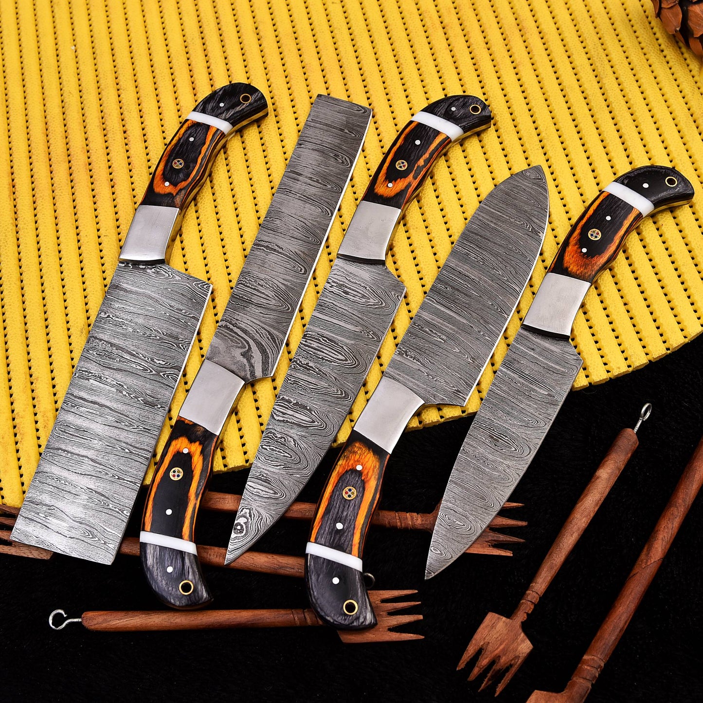 Handcrafted Damascus Steel 5PCS Chef Knife Set  Premium Kitchen Knifes Set