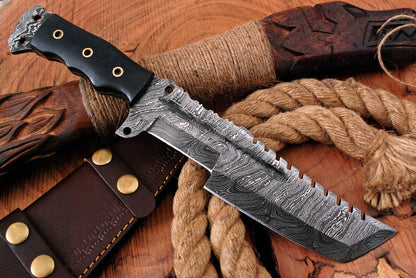 12" Handmade Damascus Steel Fixed Blade Utility Knife with Bull Horn Handle