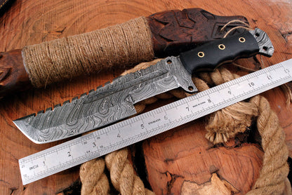 12" Handmade Damascus Steel Fixed Blade Utility Knife with Bull Horn Handle