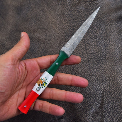 Handmade Damascus Steel Double Edged Blade Knife with Mexican Flag Handle Boot Knives