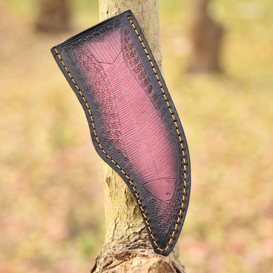 Hand Stitched Premium Goat Leather Fish Engraved Fixed Blade Knife Sheath
