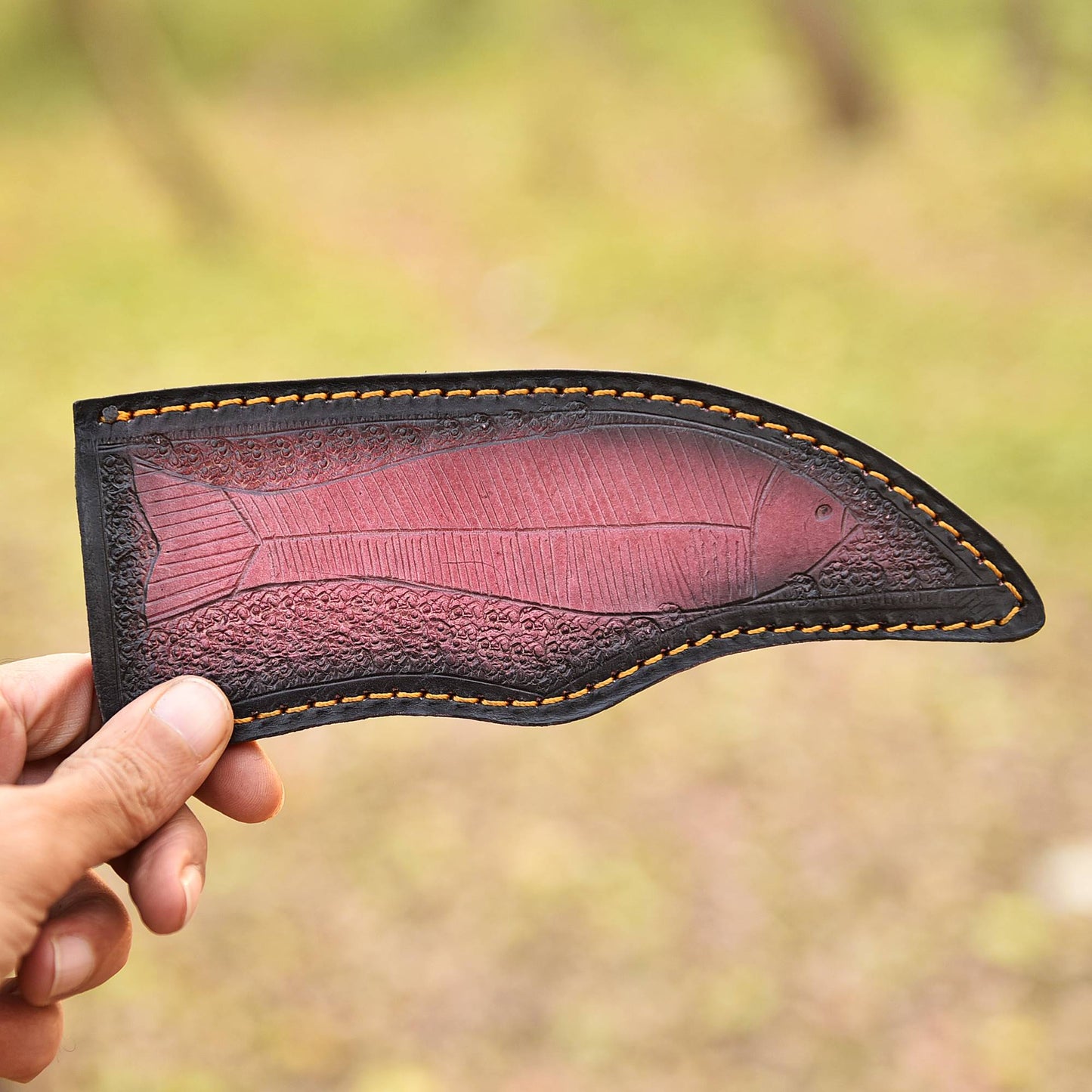 Hand Stitched Premium Goat Leather Fish Engraved Fixed Blade Knife Sheath
