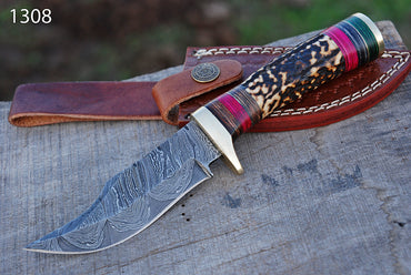 Handmade Damascus Steel Hunting Knife Original Stag Handle & Brass Guard with Leather Sheath