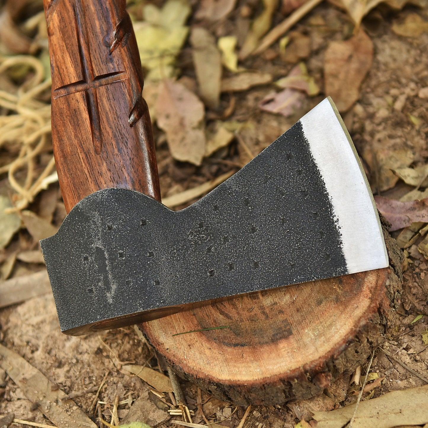 Small Forged Carbon Steel Axe with Engrave Wood Shaft - Viking Axe