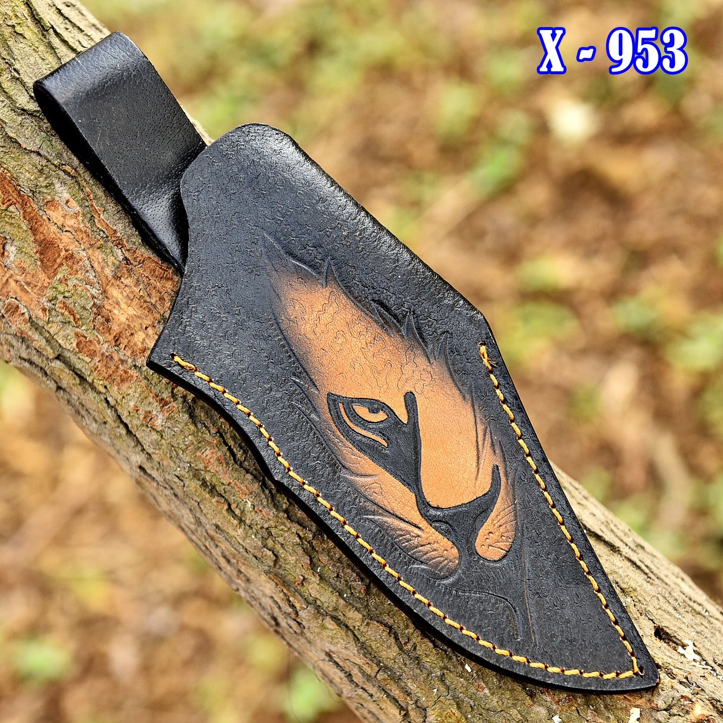 Hand Stitched Top Grain Leather Fixed Blade Knife Lion Engraved Sheath