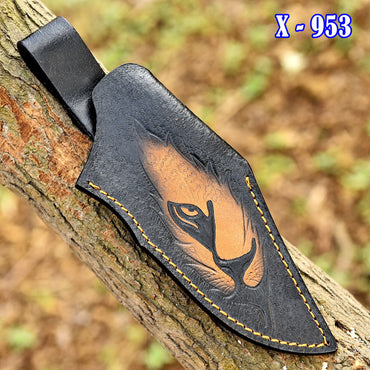 Hand Stitched Top Grain Leather Fixed Blade Knife Lion Engraved Sheath