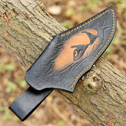 Hand Stitched Top Grain Leather Fixed Blade Knife Lion Engraved Sheath
