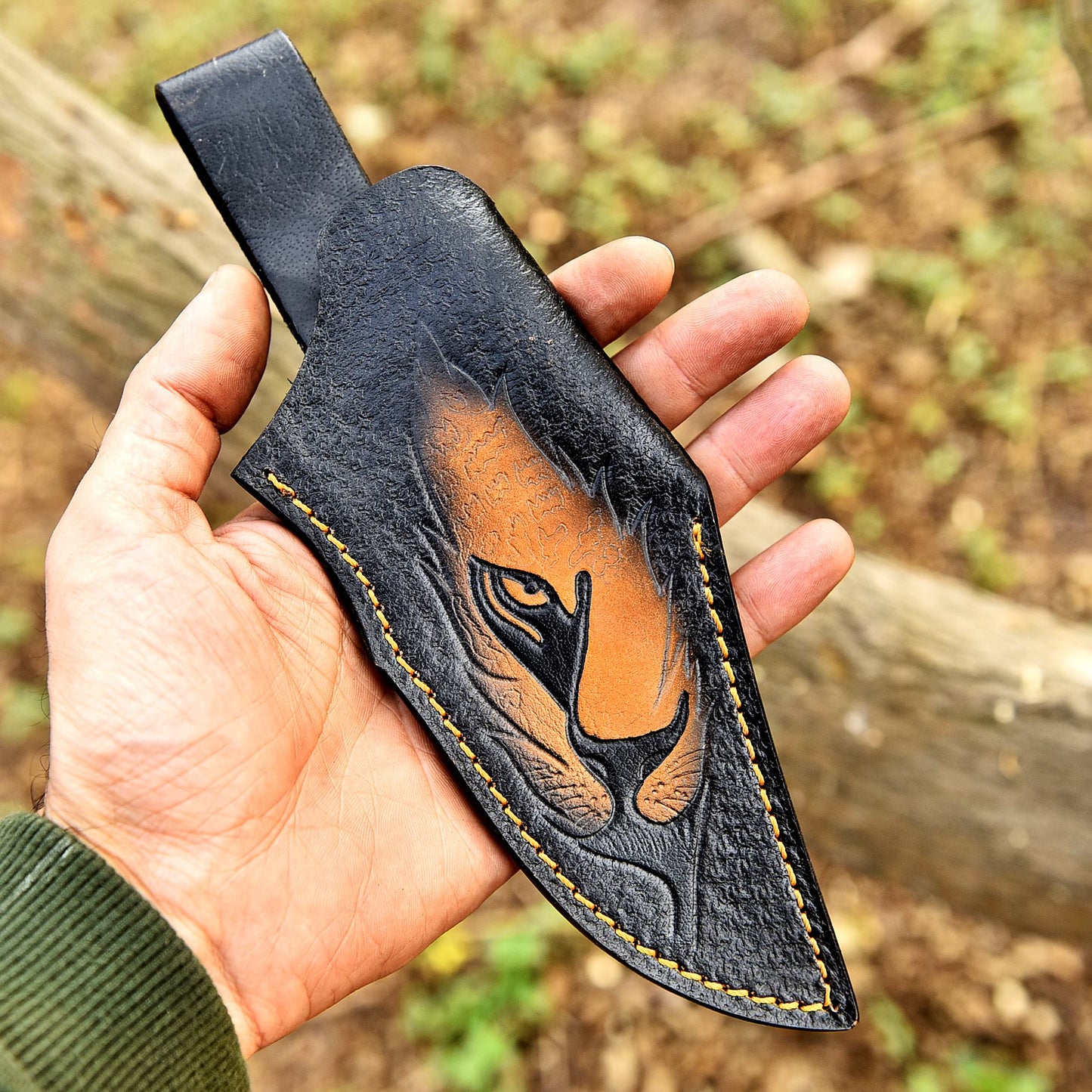 Hand Stitched Top Grain Leather Fixed Blade Knife Lion Engraved Sheath