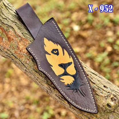 Luxury Outdoor Lion Engraved Genuine Leather Fixed Blade Knife Sheath