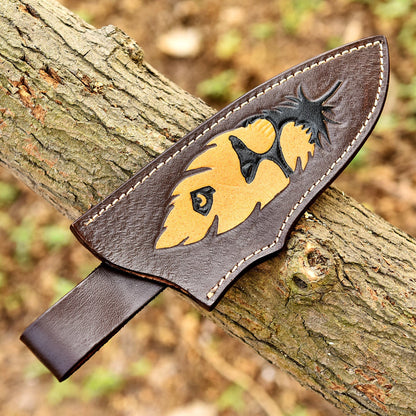 Luxury Outdoor Lion Engraved Genuine Leather Fixed Blade Knife Sheath