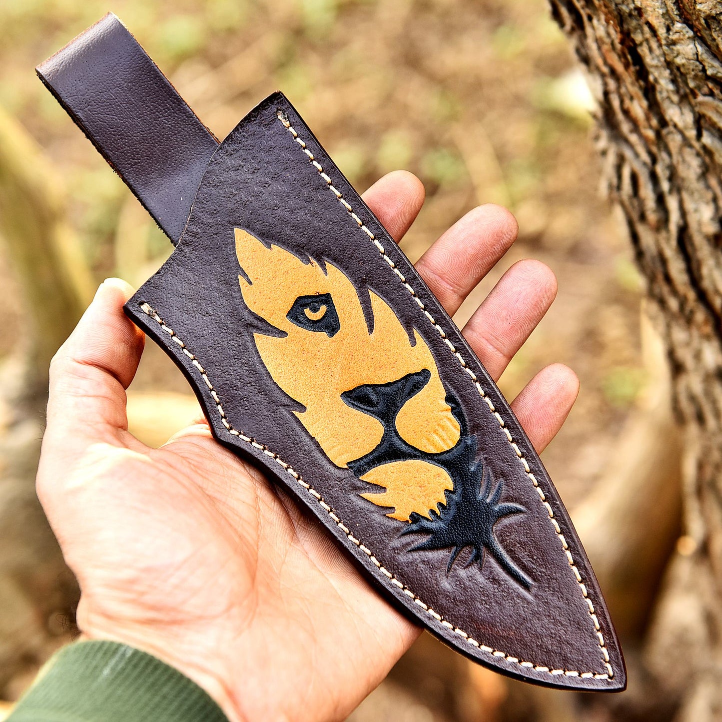 Luxury Outdoor Lion Engraved Genuine Leather Fixed Blade Knife Sheath