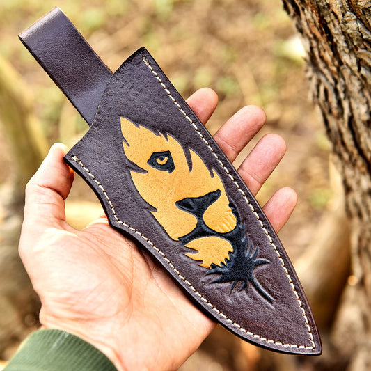 Luxury Outdoor Lion Engraved Genuine Leather Fixed Blade Knife Sheath