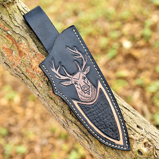 Handmade Top Grain Leather Deer Engraved Fixed Blade Knife Sheath