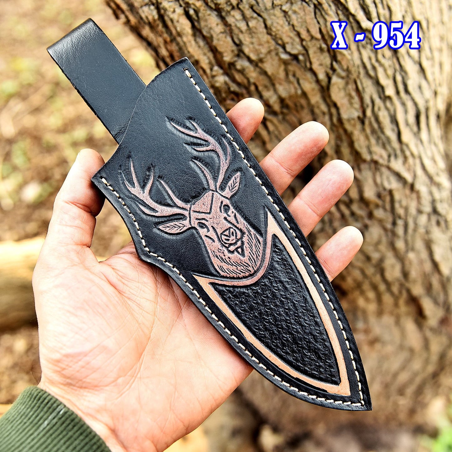 Handmade Top Grain Leather Deer Engraved Fixed Blade Knife Sheath