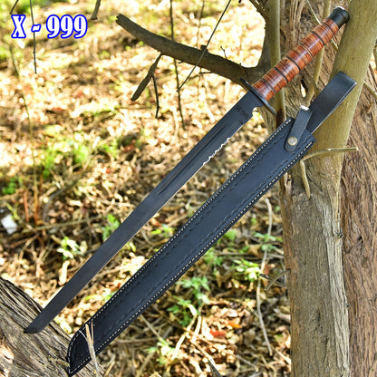 Handcrafted Carbon Steel D2 Powder Coated Blade Sword Leather Handle