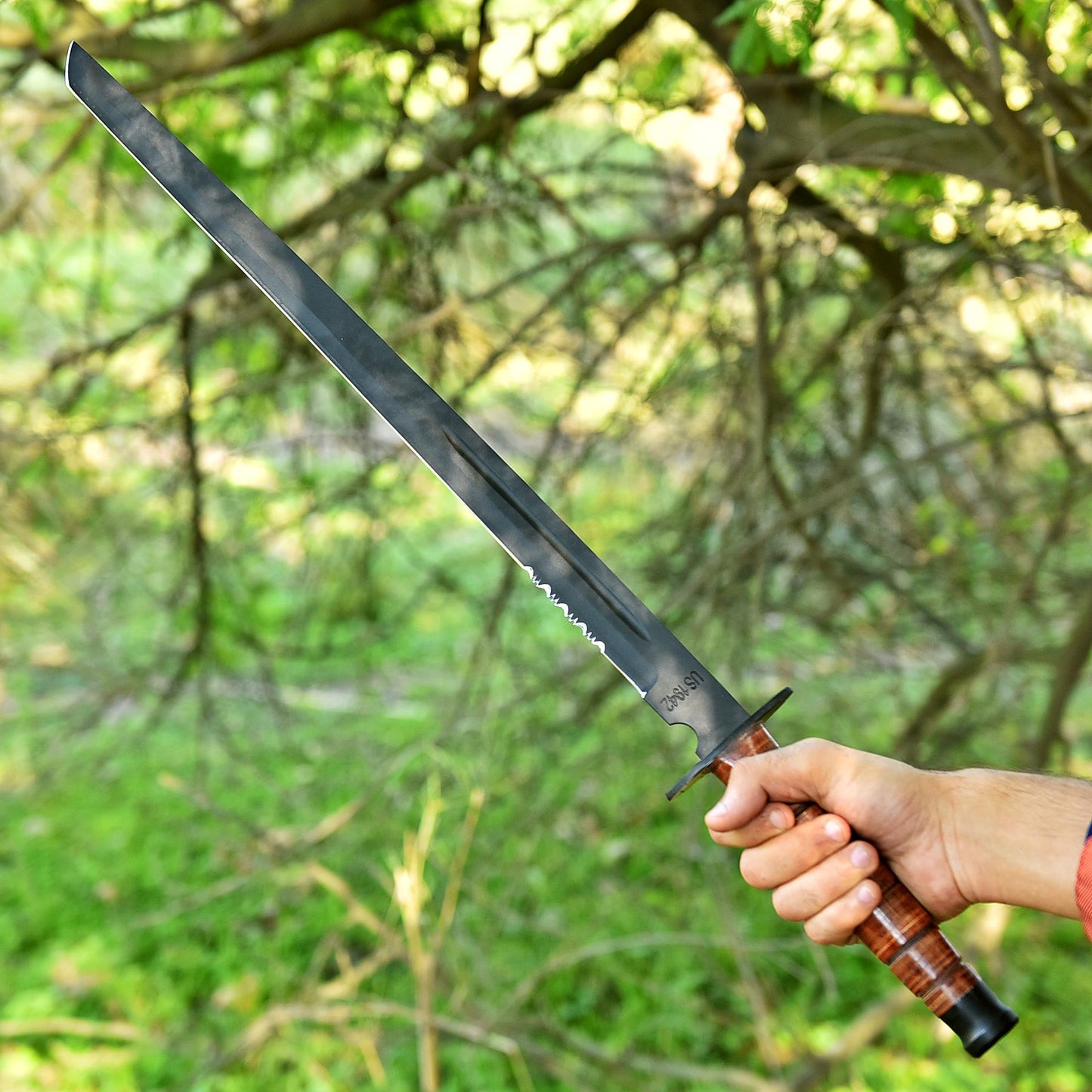 Handcrafted Carbon Steel D2 Powder Coated Blade Sword Leather Handle
