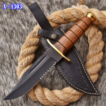 Outdoor Carbon Steel Fixed Blade Hunting Knife Wood Brass Guard Handle