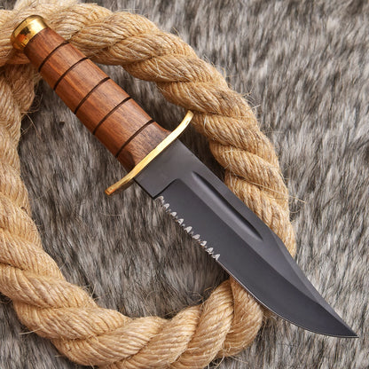 Outdoor Carbon Steel Fixed Blade Hunting Knife Wood Brass Guard Handle