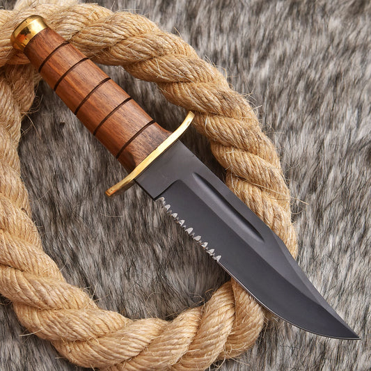 Outdoor Carbon Steel Fixed Blade Hunting Knife Wood Brass Guard Handle