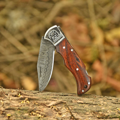 Handcrafted Damascus Premium Folding Pocket Knife Wood Handle