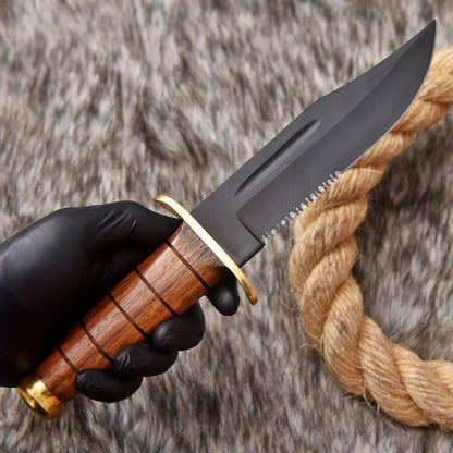 Outdoor Carbon Steel Fixed Blade Hunting Knife Wood Brass Guard Handle