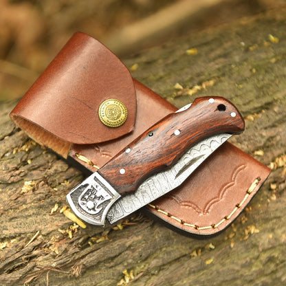 Handcrafted Damascus Premium Folding Pocket Knife Wood Handle