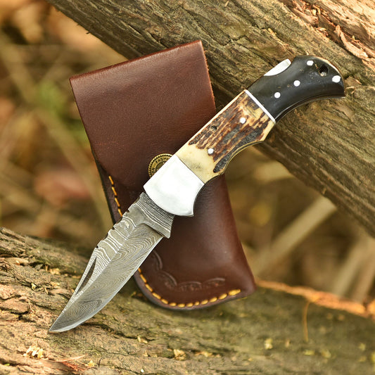 Custom Handmade Damascus Steel Folding Pocket Outdoor Adventure Knife