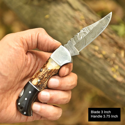 Custom Handmade Damascus Steel Folding Pocket Outdoor Adventure Knife