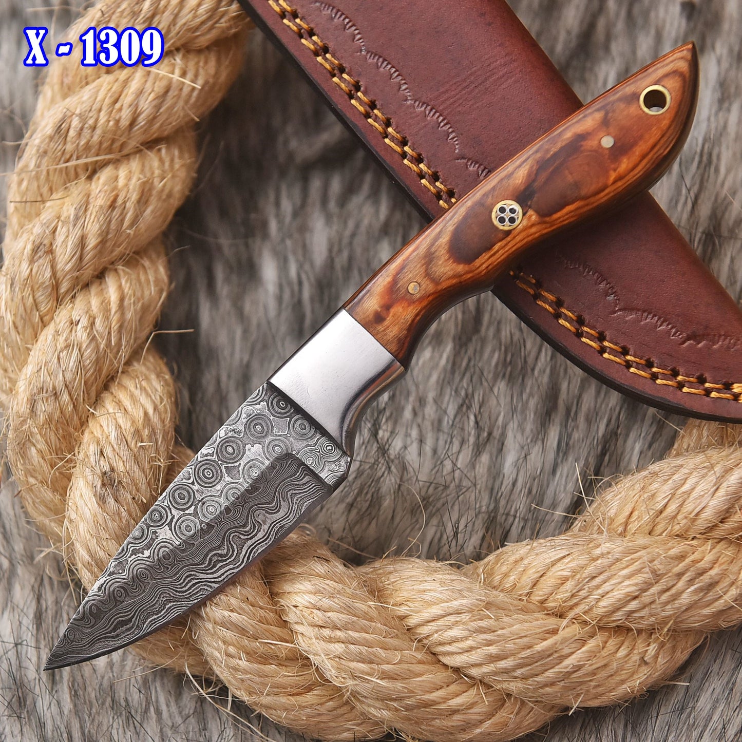 Handmade Damascus Skinner Camping Knife Wood Steel Bolster Handle