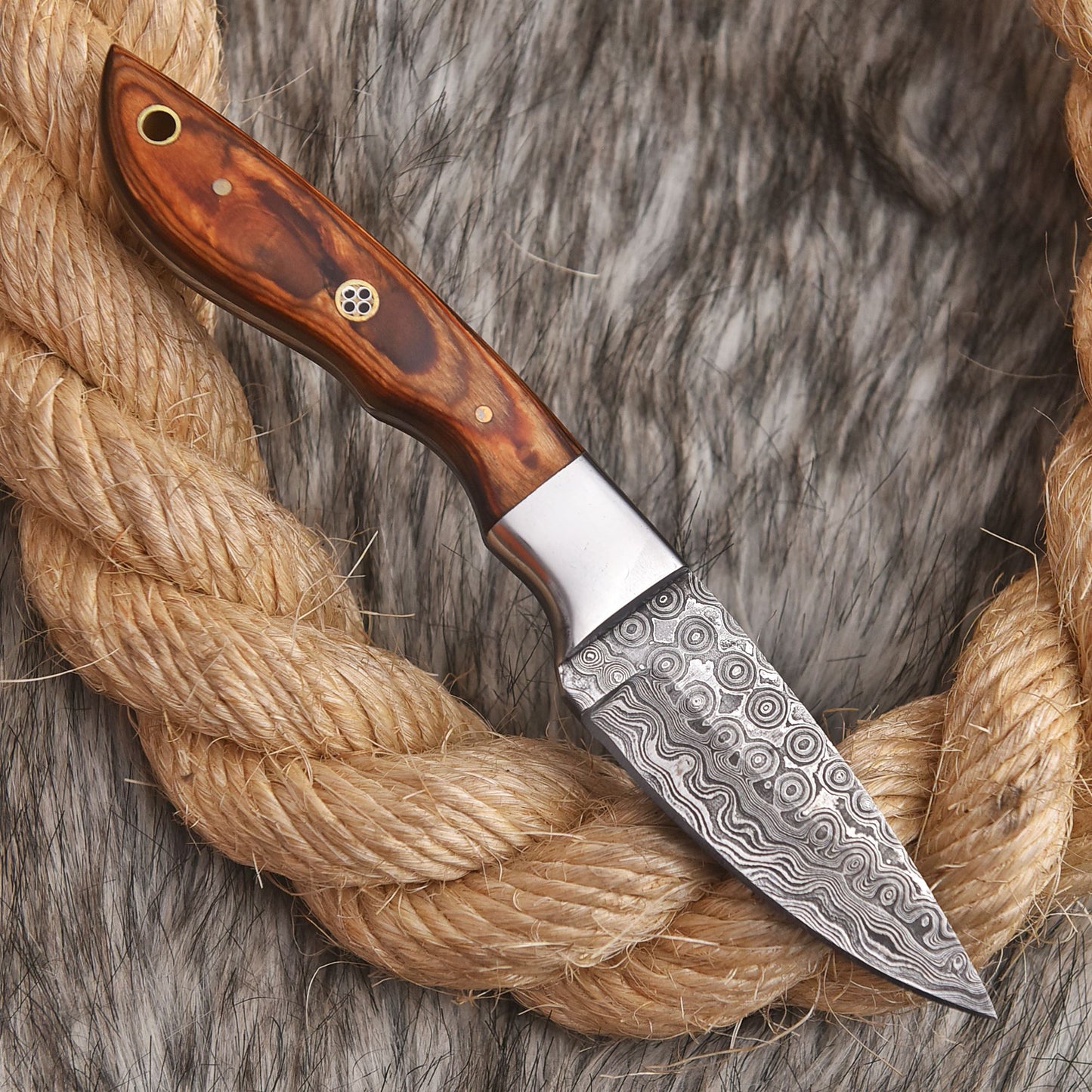 Handmade Damascus Skinner Camping Knife Wood Steel Bolster Handle