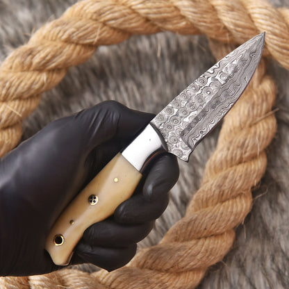 Handmade Damascus Steel Outdoor Tactical Skinner Knife Camel Bone Handle